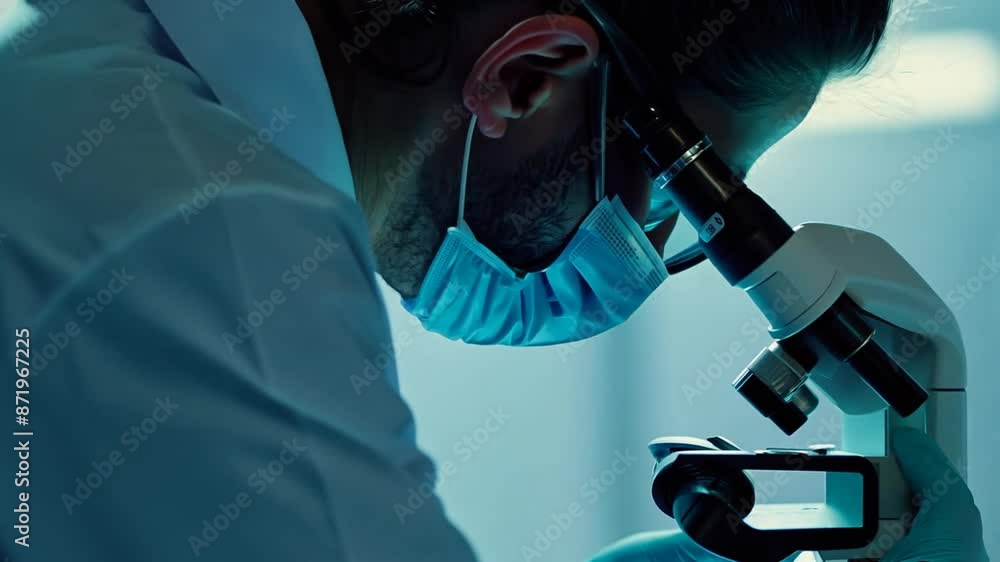 Poster scientist using a microscope in a lab generative ai