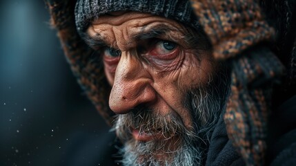 Fototapeta premium close-up portrait of a homeless man on the street with a sad look