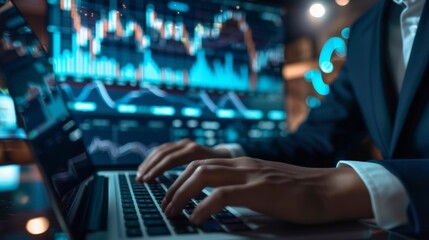 A businessman in a suit using a laptop to manage stock market investments and trading
