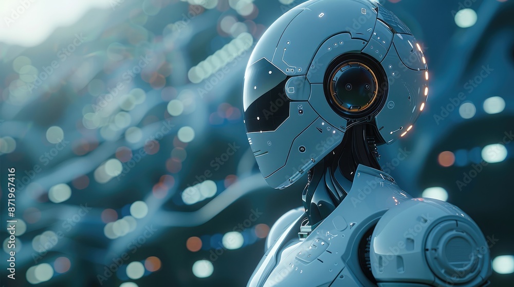 Poster Trading robot standing and analyzing the crypto trading graph, symbolizing the graph growth up and artificial intelligence for stock market analysis. Generative AI.