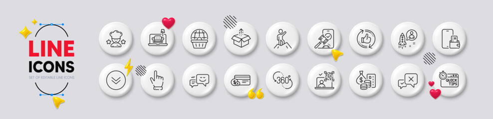 Furniture, Refresh like and Payment method line icons. White buttons 3d icons. Pack of Qr code, Online shopping, Money icon. Leadership, Phone wallet, Happy emotion pictogram. Vector