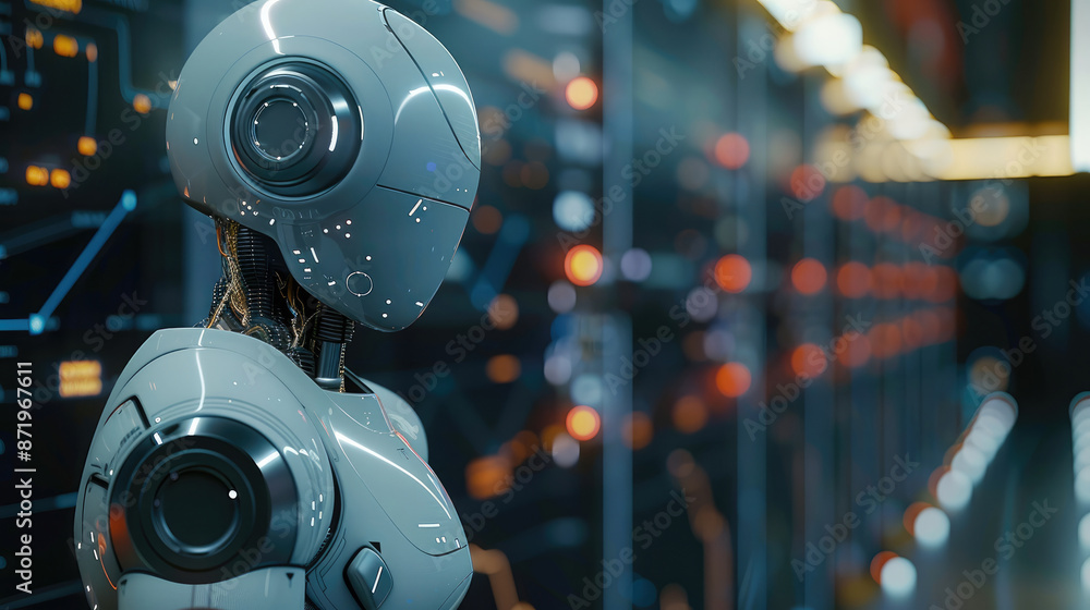 Poster Trading robot standing and analyzing the crypto trading graph, symbolizing the graph growth up and artificial intelligence for stock market analysis. Generative AI.