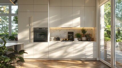 Simple cabinet construction, centered in the kitchen with marble countertop, wooden floor, light colored walls. Generative AI.