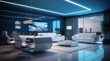 Modern Living Room with Blue Furniture and Office Space