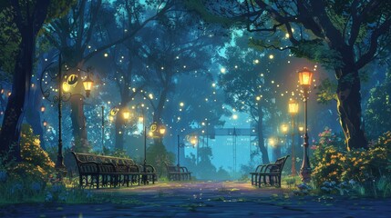 Obraz premium Artistic depiction of an anime park backdrop with towering trees, whimsical benches, and softly glowing lanterns casting a magical atmosphere