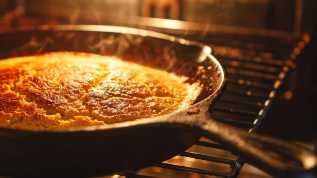 A cast iron skillet with cornbread baking in an oven, golden and delicious