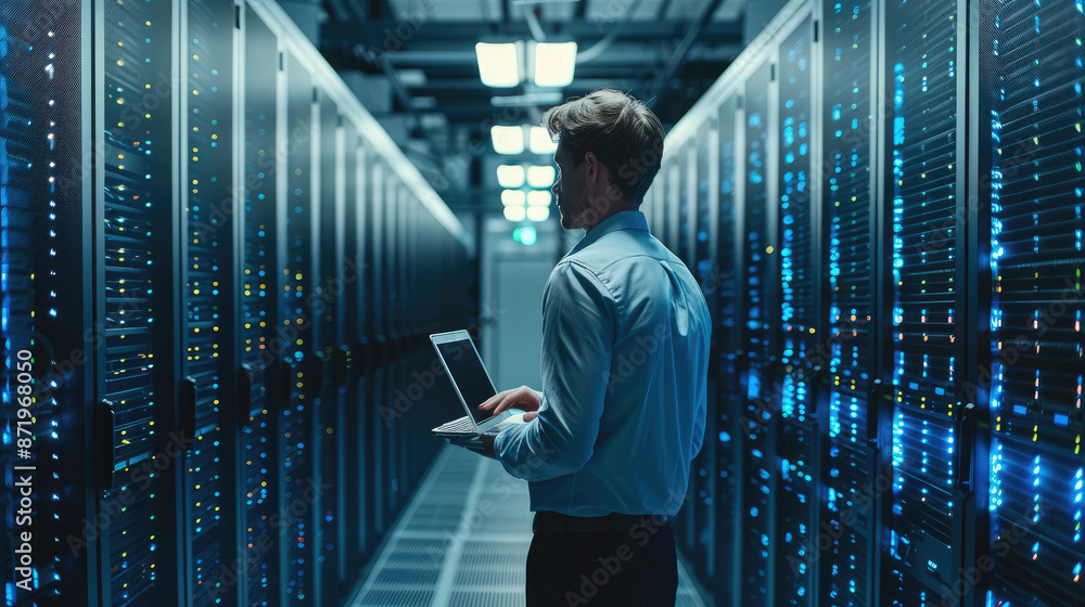 Leinwandbilder in a big data center full of rack servers, an it technician works on a laptop. diagnoses, maintains,