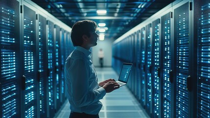 In a big data center full of rack servers, an IT technician works on a laptop. Diagnoses, maintains, and sets up systems. Generative AI.