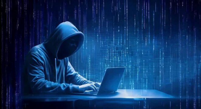 A hacker wearing hoodie with working on laptop and binary code background
