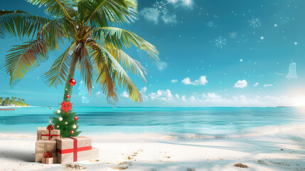 Obraz premium Christmas in southern hemisphere with a palm tree with christmas decorations and gift boxes on tropical beach with white sand and beautiful blue sea view and copy space