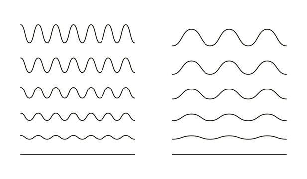 Wavy, curvy lines. Simple undulate borders, transverse horizontal lines. Sine, fluid, air, wind signs. Water, river, lake, sea ocean symbol. Outline graphic illustration on a white background.