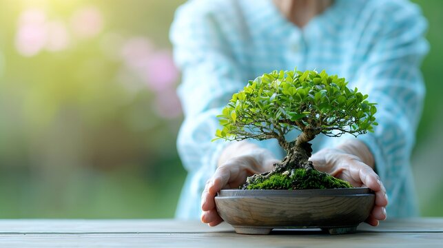 Close-up of an elderly Asian woman's hands displaying a Bonsai Tree with copyspace on the left