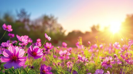 Vibrant pink flowers basking in the warm glow of a golden sunset in a serene meadow.