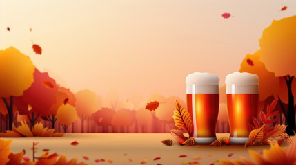 Scenic autumn background featuring beer glasses in flat design from global locations.