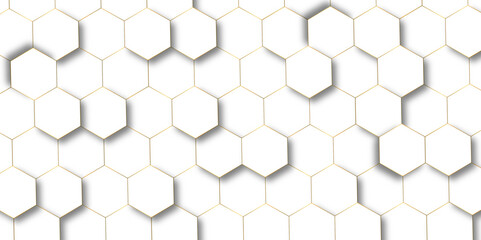 Abstract hexagon background Futuristic concept honeycomb mosaic white and golden stoke background. Surface polygon pattern with glowing hexagon paper texture and futuristic business graphic design.