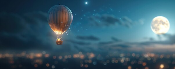 Obraz premium Hot air balloon floating in a starry night sky with a full moon and city lights below, creating a dreamy and serene atmosphere.