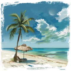 Naklejka premium 2. Beach, summer scene, digital painting, serene and inviting, isolated on white background