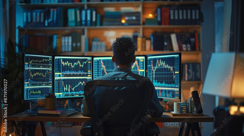 Aufkleber A man sits in front of multiple computer monitors displaying stock market data, analyzing charts at night in a home office.