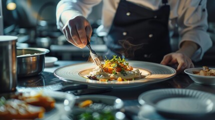 A chef plating a gourmet meal with precision, adding the final touches