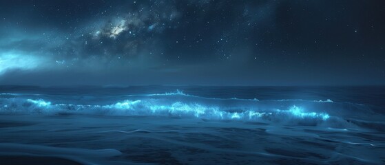 Mesmerizing night seascape with bioluminescent waves under a star-lit sky. Perfect for tranquil and awe-inspiring nature themes.