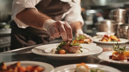 A chef plating a gourmet meal with precision, adding the final touches