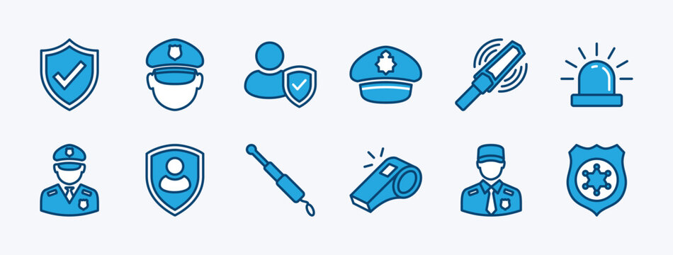 Set of guard icon. Containing shield protection with checkmark, hat police, security baton or stick, detector, alarm, whistle, badge, safety. Vector illustration
