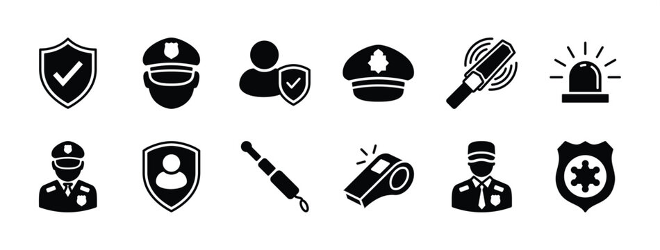 Guard icon set. Containing shield protection with checkmark, hat police, security baton or stick, detector, alarm, whistle, badge, safety. Vector illustration