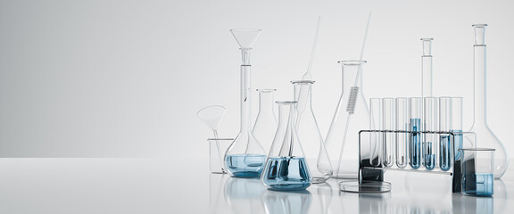 Group of scientific laboratory glassware with clear liquid solution, Research and development...