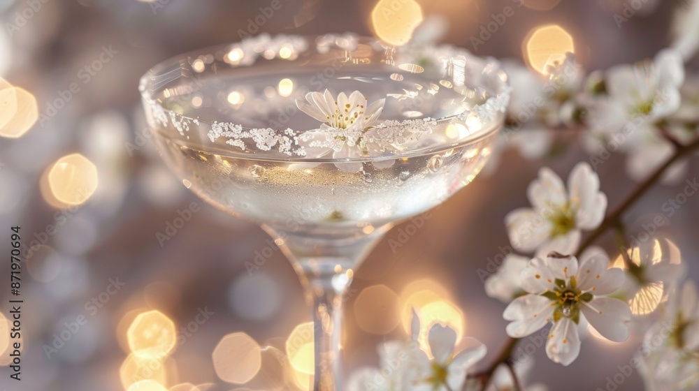Poster a sparkling clear drink adorned with a single delicate wildflower perched on the rim adding a touch 