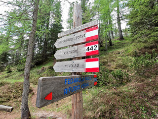 Signpost in the mountains of the Italian Dolomites