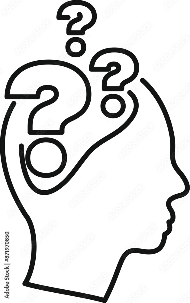 Poster line art illustration of the profile of a human head with question marks, representing thinking and 