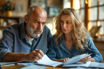 Mature couple going over legal documents. This image can be used to portray themes of divorce, financial planning, or seeking advice from a divorce lawyer. Suitable for legal and advisory content.