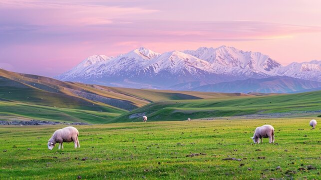 On the vast green grassland, the grassland is flat and open, a few fat lambs are grazing, the lambs are very white, the pale pink sky on the hillside in the distance, the unmelted snow-capped mountain