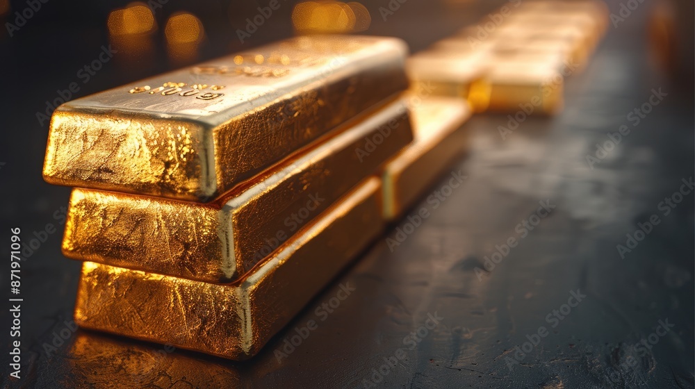 Poster gold bars stacked on a dark background. represent concepts related to business and finance. generati