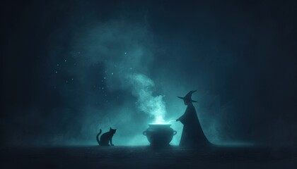 Mysterious silhouette of a witch performing magic beside a cauldron with a cat, illuminated by a mystical green light in a dark, foggy night.