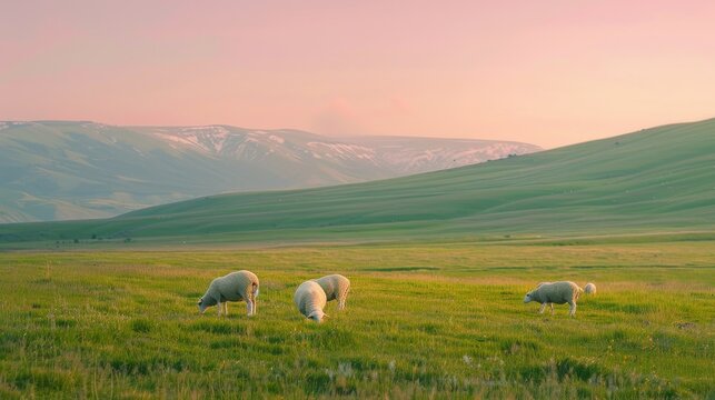 On the vast green grassland, the grassland is flat and open, a few fat lambs are grazing, the lambs are very white, the pale pink sky on the hillside in the distance, the unmelted snow-capped mountain