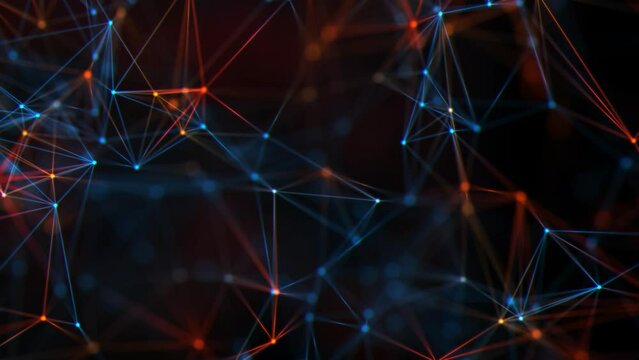 Abstract technical plexus background with glowing red and blue connecting lines and dots and knots. Concept of connecting to a digital data network. This is a modern Full HD video with smooth looping.