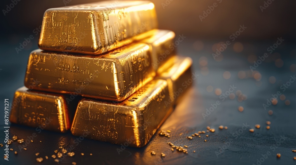 Poster Gold bars stacked on a dark background. Represent concepts related to business and finance. Generative AI.