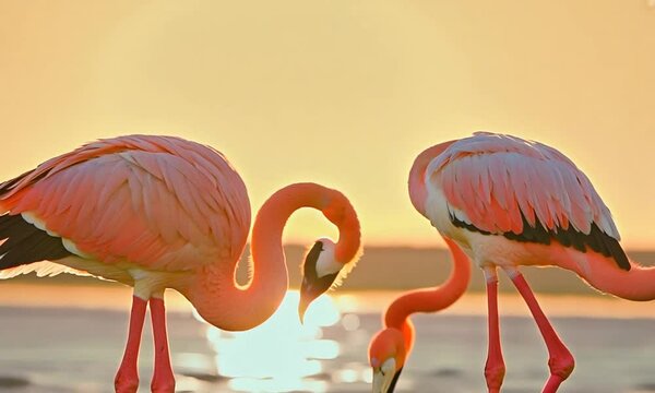 pink flamingo birds on the beach