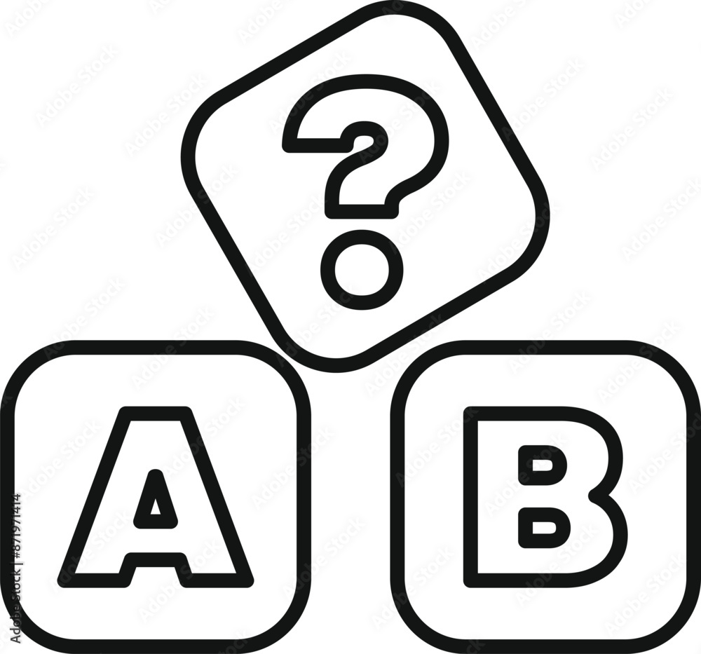 Poster line drawing of three blocks, two showing letters of the alphabet and the top one showing a question