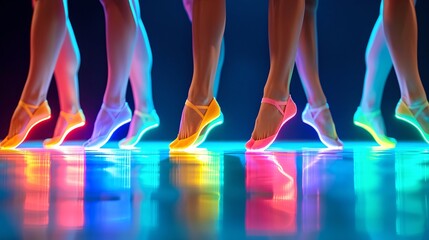 Low angle view of Vibrant Modern Dance Performance with Colorful Lighting below Feets  of Multiple Dancers