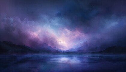 Mystical twilight landscape with serene lake reflecting vibrant colors in the evening sky, surrounded by distant mountains and dramatic clouds.