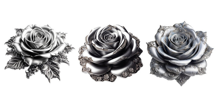 Close up Silver rose flowers set on transparent background | Top View shiny gray metal rosa | Set of silver rose | PNG Clipping path