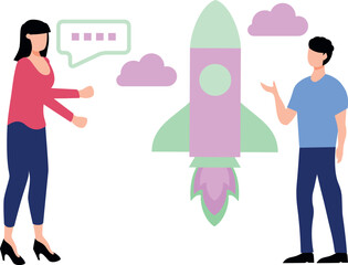 Boy and girl looking at startup rocket.