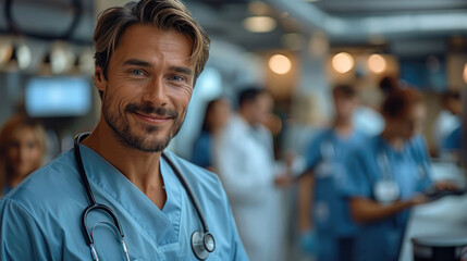 Obraz premium A happy doctor in a blue shirt holding a tablet, standing in a large room filled with other people. Generative AI.