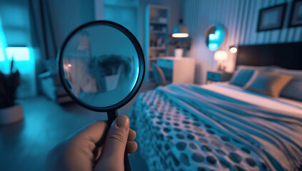 Magnifying Glass Highlighting Bedroom Interior with Blue Lighting Creating a Cozy and Detailed Atmosphere