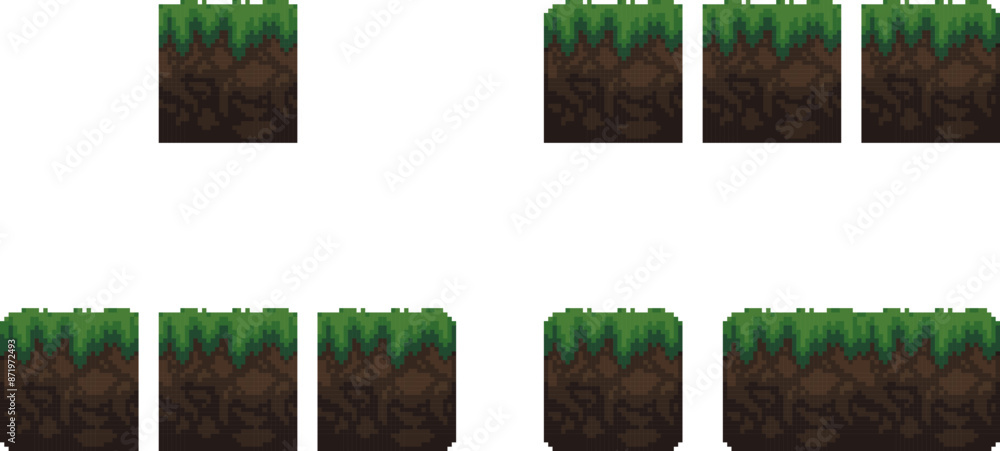 Poster pixel art tile set for 2d retro video-game. a set of ground tiles with grass for platformer for loca