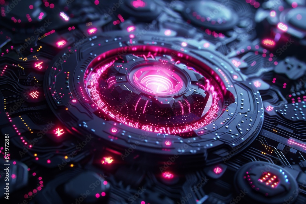 Poster futuristic tech sphere with glowing core in a high tech sci fi setting