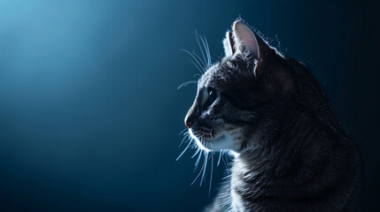 Black and white photo of a cat head on a dark background, side view. The cat is looking up at the sky. Black silhouette of a cute kitten. Minimalist style.


