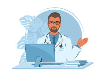 The doctor's consultation. Male doctor at work. Friendly and caring medical worker. Vector illustration.
